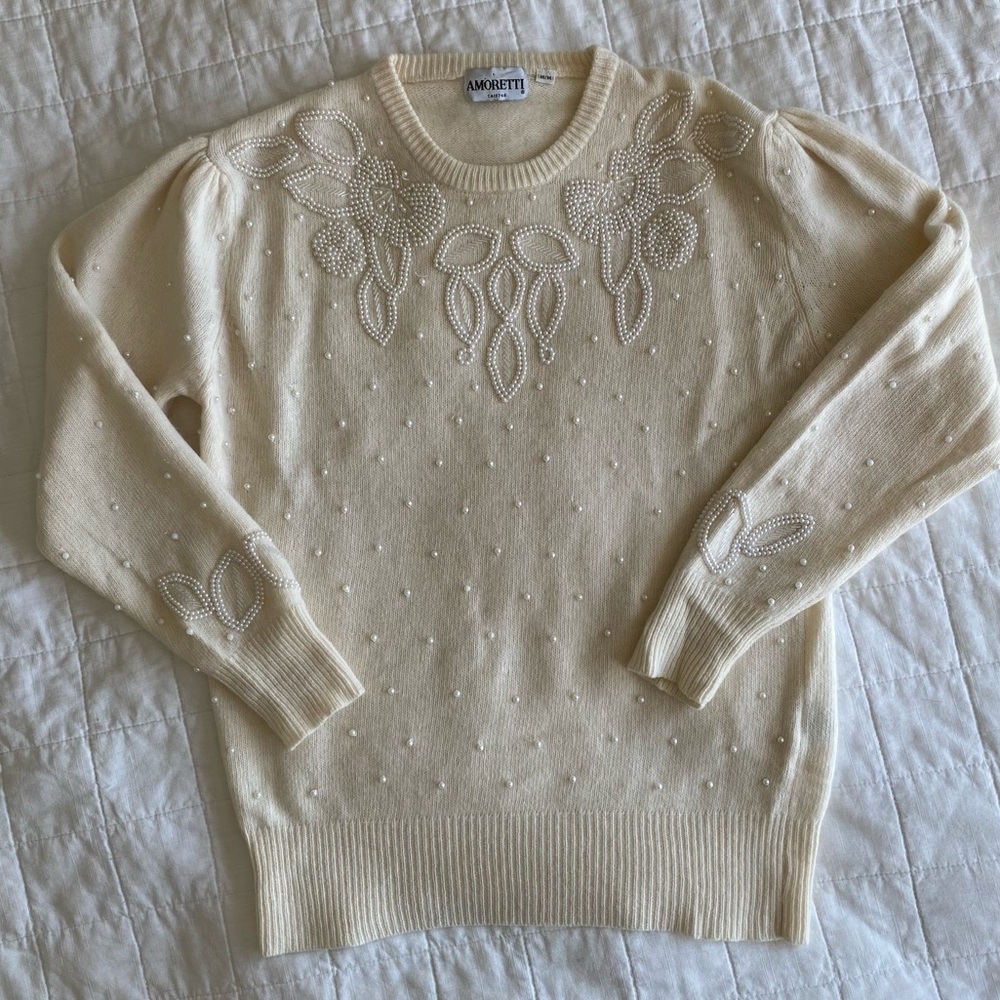 Vintage Lambswool-blend Cream Beaded Sweater Size Medium